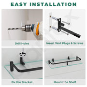 Plantex Bathroom Accessories - Wall Mounted Bathroom Shelf/Glass Shelves for Kitchen/Living Room with Black Brass Railings (Frosted - 12x6 Inches - Pack of 3)