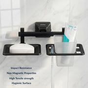 Plantex 304 Grade Stainless Steel Squaro 2 in 1 Soap Dish with Tumbler Holder/Soap Stand/Tooth Brush Holder/Bathroom Accessories (Black)