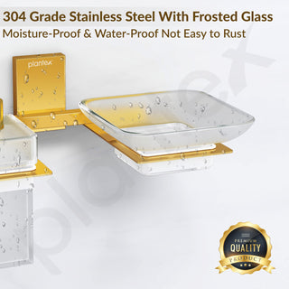 Plantex 304 Grade Stainless Steel Glass Soap Dish with Liquid Dispenser for Bathroom/Soap Stand/Glass Shampoo Dispenser/Bathroom Accessories - Pack of 1 (Crystal, PVD Gold)