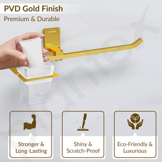 Plantex 304 Grade Stainless Steel Glass Tumbler Holder with Napkin Ring/Toothbrush Holder/Towel Holder for Bathroom/Bathroom Accessories - Pack of 1 (Crystal, PVD Gold)