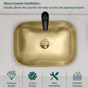 Plantex Table Top Wash Basin for Bathroom/Rectangle Ceramic Basin/Countertop Vessel Sink Basin for Home/Office/Hotel (Black & Gold - 18 x 13 x 5 Inch)
