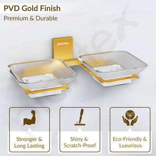 Plantex 304 Grade Stainless Steel Frosted Glass Double Soap Holder/Soap Stand/Dual Soap Dish/Bathroom Accessories - Crystal (PVD Gold)