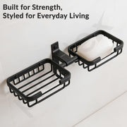 Plantex Double Soap Dish for Bathroom/Aluminium Dual Soap Holder with Hook/Soap Stand/Soap Case/Bathroom Accessories - Pack of 1 (Black)