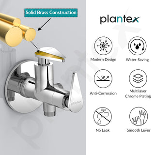 Plantex LEA-708 Pure Brass 2-Way Angle Valve For Bathroom/Quarter Turn Tap With Brass Wall Flange and Teflon Tape (Mirror-Chrome Finish)