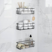 Plantex Bathroom Organiser Without Drill/Self Adhesive Bathroom Shelf for Wall/GI Steel Rack with Side Hooks & Magic Sticker/Bathroom Accessories Set (Black, Powder Coated) - Pack of 3