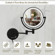 Plantex Brass and 304 Stainless-Steel Magnifying Mirror with LED/Wall Mount Makeup Mirror with Light/Zoom Mirror- 5x/1x Magnification (8 Inch-Black)