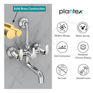 Plantex Wall Mixer for Bathroom 2 in 1 with L-Bend Provision for Overhead Shower/Pure Brass Mixer Tap for Bathroom with Water Saving Nozzle Tap- Pack of 1 (Col-1018-Chrome)