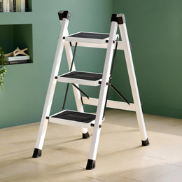 Plantex 3 Step Ladder for Home Use/Wide Anti-Slip Heavy-Duty Step Stool/Lightweight Kitchen Ladder 3 Step (White)