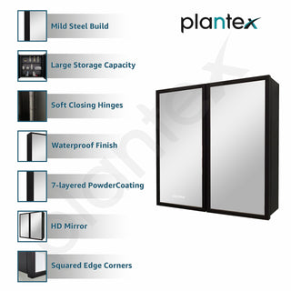 Plantex Aluminium Framed Bathroom Mirror with Storage/Double Door Heavy-Duty Steel Body Bathroom Shelf for Wall with Mirror - 18x18 Inch, Black