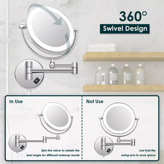 Plantex Brass and 304 Stainless-Steel Magnifying Mirror with LED/Makeup Mirror with Light/Zoom Mirror- 5x/1x Magnification (8 Inch-Chrome/Wall Mount)