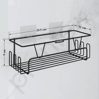 Plantex GI Steel Adhesive Shelf for Bathroom Wall/Self Adhesive Shelf for Kitchen with Side Hooks to Hang Loofah for Bathing/Bathroom Organiser - Black, Powder Coated
