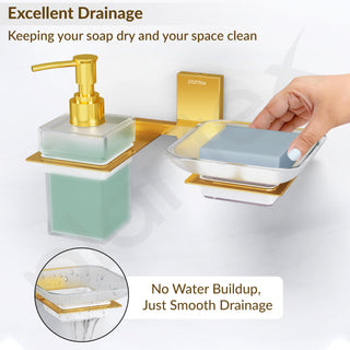 Plantex 304 Grade Stainless Steel Glass Soap Dish with Liquid Dispenser for Bathroom/Soap Stand/Glass Shampoo Dispenser/Bathroom Accessories - Pack of 1 (Crystal, PVD Gold)
