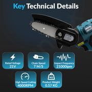 Plantex Electric Chainsaw/4-Inch Cordless Chain Saw with 4000RPM Load Speed/7m/s Chain Speed/Lightweight Handheld Pruning Saw for Wood Cutting - Black (Mainframe, Battery & Charger Not Included)