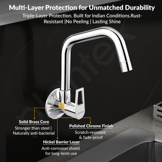 Plantex Pure Brass Kitchen Sink Tap Faucet/Wall Mount Sink Faucet with Wall Flange and Teflon Tape/Water Nal Tap with 360 Swiwel spot with Water Saving nozzel - Pack of 1 (Chrome, 3211)