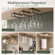 Plantex Self-Adhesive Wine Glass Holder Hanging/Stemware Organizer Rack/Under Cabinet Glass Storage Stand/Wine Rack for Pubs/Kitchen/Bars - Pack of 3 (Black)