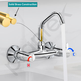 Plantex Pure Brass Kitchen Sink Tap with 360° Swivel Spout/Dual Handle Hot and Cold Water Tap for Kitchen/Sink Mixer with Brass Wall Flange and Teflon Tape (FLO-814-Chrome)