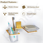 Plantex 304 Grade Stainless Steel Glass Soap Dish with Tumbler Holder/Soap Stand/Toothbrush Holder/Bathroom Accessories - Crystal (PVD Gold)