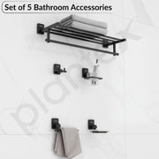 Plantex 304 Grade Stainless Steel Bathroom Accessories Set of 5 - Towel Stand/Napking Holder/Soap Holder/Toothbrush Holder/Robe Hanger - Darcy (Black)