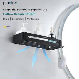 Plantex Bathroom Shelf for Wall/Space Aluminium Wall Mounted Shelf for Bathroom with Removable Hooks/Floating Shelf/Bathroom Organiser - 12x5 inches, Black (Pack of 1)