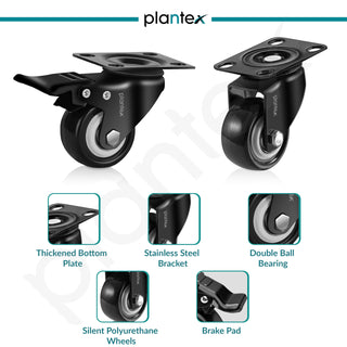 Plantex 2 .5 Inch Caster Wheel/Heavy Duty Soft PU Swivel Caster Wheels with 360 Rotation and No Noise/Wheels for Heavy Furniture/Trolley Cart/Table - Set of 4 (Black) - (2 with Brakes & 2 Without)
