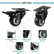 Plantex 2 .5 Inch Caster Wheel/Heavy Duty Soft PU Swivel Caster Wheels with 360 Rotation and No Noise/Wheels for Heavy Furniture/Trolley Cart/Table - Set of 4 (Black) - (2 with Brakes & 2 Without)