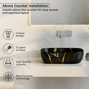 Plantex Ceramic Tabletop Washbasin for Bathroom/Table top Marble Basin/Countertop Wash Basin for Living Room/Bathroom Sink (Golden Veins - 18 x 13 x 5.5 Inch)