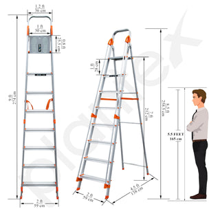 Plantex Secura 8 Step Aluminium Ladder for Home/Foldable Ladder with Safe Hand Rails/5 Year Manufacturer Warranty(Orange-Silver)