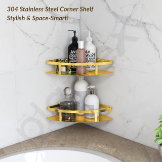 Plantex 304 Stainless Steel Corner/Bathroom Shelf/Kitchen Shelf/Wall Mount - Pack of 2 (PVD Gold,9x9 Inches)