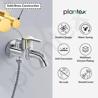 Plantex Pure Brass 2 in 1 Tap for Washing Machine with Water Saving Aerator/2-Way Bib Cock for Bathroom with Brass Wall Flange & Teflon Tape (ORE-1405, Chrome)