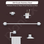 Plantex 304 Grade Stainless Steel Bathroom Accessories Set of 5 - Towel Rod/Hand Napkin Hanger for Wash Basin/Soap Case/Toothbrush Holder/Robe Hook - Squaro (Chrome)