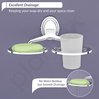 Plantex Stainless Steel 304 Grade 2 in1 Soap Dish with Tumbler Holder/Soap Stand/Tooth Brush Holder/Bathroom Accessories (Cubic - Chrome)