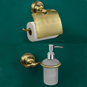 Plantex 304 Grade Stainless Steel Washroom Set of 2 - Toilet Paper Holder/Stand/Liquid Soap Dispenser - Skyllo (Brass Antique)