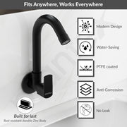 Plantex Single Lever Kitchen Sink Tap with Water Saving Aerator and Brass Spindle Tap/Quarter Turn Sink tap for Kitchen Basin with Wall Flange and Teflon Tape (Saga-Black)