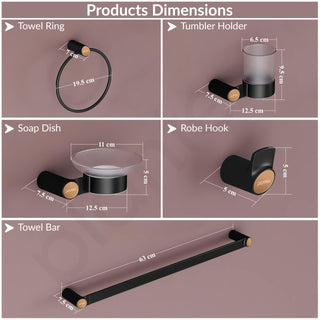 Plantex Bathroom Accessories Set/Frosted Glass Soap Holder & Tumbler Holder/Towel Rod/Napkin Holder/Robe Hook/Bathroom Accessories - Set of 5 (Black & Rose Gold)