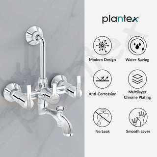 Plantex Pure Brass 3 In 1 Wall Mixer for Bathroom with L-Bend Provision for Overhead and Hand Shower/Water Saving Nozzle for Mixer Tap with Brass Wall Flange (Aq-1419-Chrome)