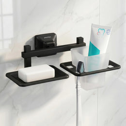 Plantex 304 Grade Stainless Steel Squaro 2 in 1 Soap Dish with Tumbler Holder/Soap Stand/ABS Material Tooth Brush Holder/Bathroom Accessories (Black)