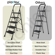 Plantex 5 Step Foldable Ladder for Home Use/Steel Ladder with Anti-Slip Shoes/Step Ladder with Double-Grip Technology(Black & Grey)