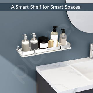 Plantex Wall Shelf for Bathroom Storage/Acrylic Washroom Shelf Organizer with Stainless Steel Railings/Bathroom Accessories (White, 15x6 inches)