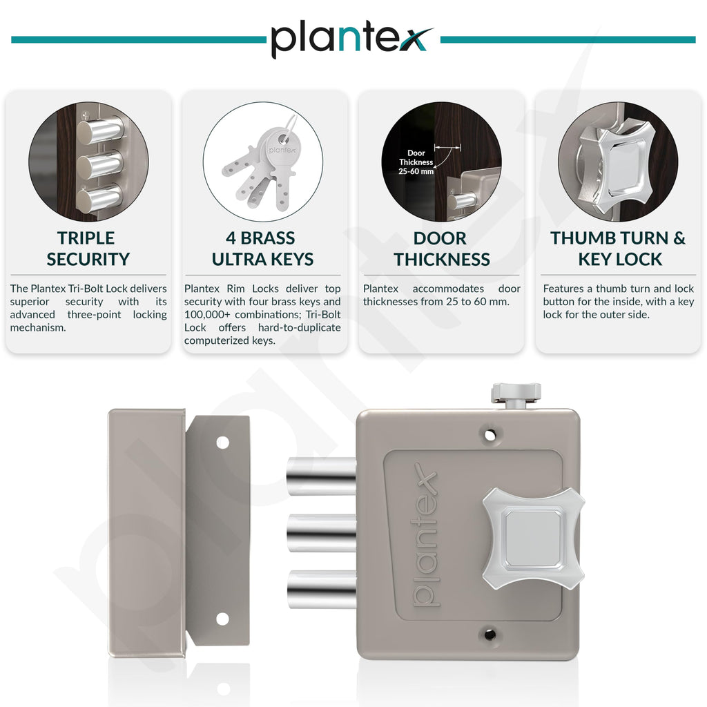 Plantex Brass Heavy Duty Dead Bolt Lock/Rim Lock Set/Trio Lock Dead Bo ...