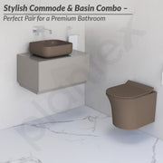 Plantex Ceramic Wall-Hung Commode with Tabletop Wash Basin for Bathroom/Rimless Washdown Flush Western Toilet/Bathroom Wash Basin - P Trap Commode - Choco