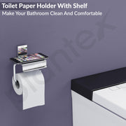 Plantex 304 Grade Stainless Steel Toilet Paper Holder with Mobile Phone Stand/Toilet Paper Roll Holder for Bathroom Accessories Crystal (Chrome)