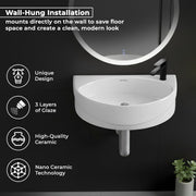 Plantex Platinum Ceramic Wash Basin Wall Mounted/Wash Basin for Bathroom/Wall Hung Washbasin/Sink for Bathroom with 10 Years Glaze Warranty by Plantex(Glossy White/Cody -17.5 x 11.5 x 5 Inch)