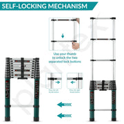 Plantex 3.8m (12.5 ft.) Aluminium Telescopic Ladder/10-Steps Portable Ladder with Removable Hooks/Foldable Multipurpose Collapsible Ladder for Home & Outdoor Use/2 Years of Warranty By Plantex-(Green)