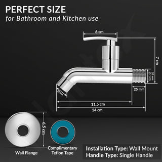 Plantex Pure Brass COL-1002 Long Body Bib Cock for Bathroom with Water Saving Aerator/Wall Mount BibTap with Wall Flange for Bathroom-7 Year Warranty (Chrome)