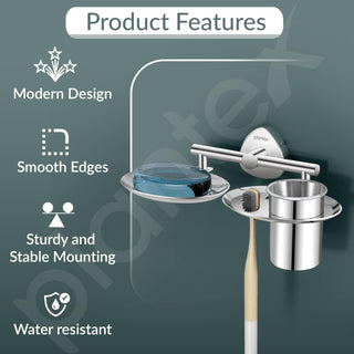 Plantex J4 Stainless Steel Soap Dish with Tumbler Holder/Soap and Brush Holder for Bathrooom/2 in 1 Soap Holder with Toothbrush Holder/Bathroom Accessories (Chrome Finish) Angel