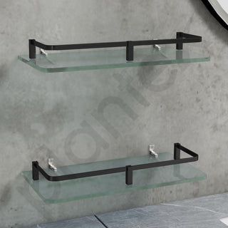 Plantex Frosted Glass Shelf for Bathroom/Kitchen/Living Room Wall Mount Shelf with Black Brass Railings and Wall Brackets (12x6 Inches - Pack of 2)