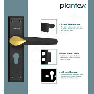 Plantex Door Handle Lock/Main Door Lock Set/6-Lever Lock Mechanism Mortise Lock with 3 Keys/Brass Lock Body & Cylinder (PTP-07, Black & Gold)