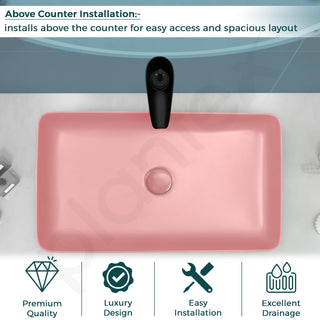 Plantex Basin for Bathroom/Ceramic Table Top Wash Basin/Over Counter Washbasin for Restaurant/Hotel (Rectangle - Matt Pink, 24 x 14 x 4.5 Inch)