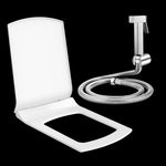Plantex Hygienic Toilet Combo/ Polypropylene Toilet Seat Cover for Bathroom/ Pure Brass Health Faucet set with 1.20 meter Hose Pipe for Toilet with Wall Hook - Combo (Chrome)