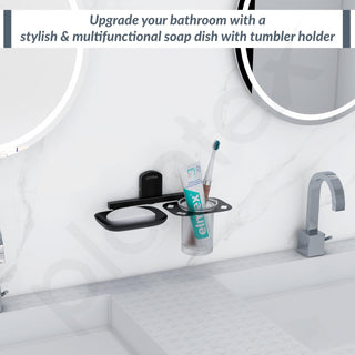 Plantex 304 Grade Stainless Steel 2in1 Soap Dish with Tumbler Holder/Soap Stand/Tooth Brush Holder for Bathroom/Bathroom Accessories - Pack of 1 (Parv-Black)